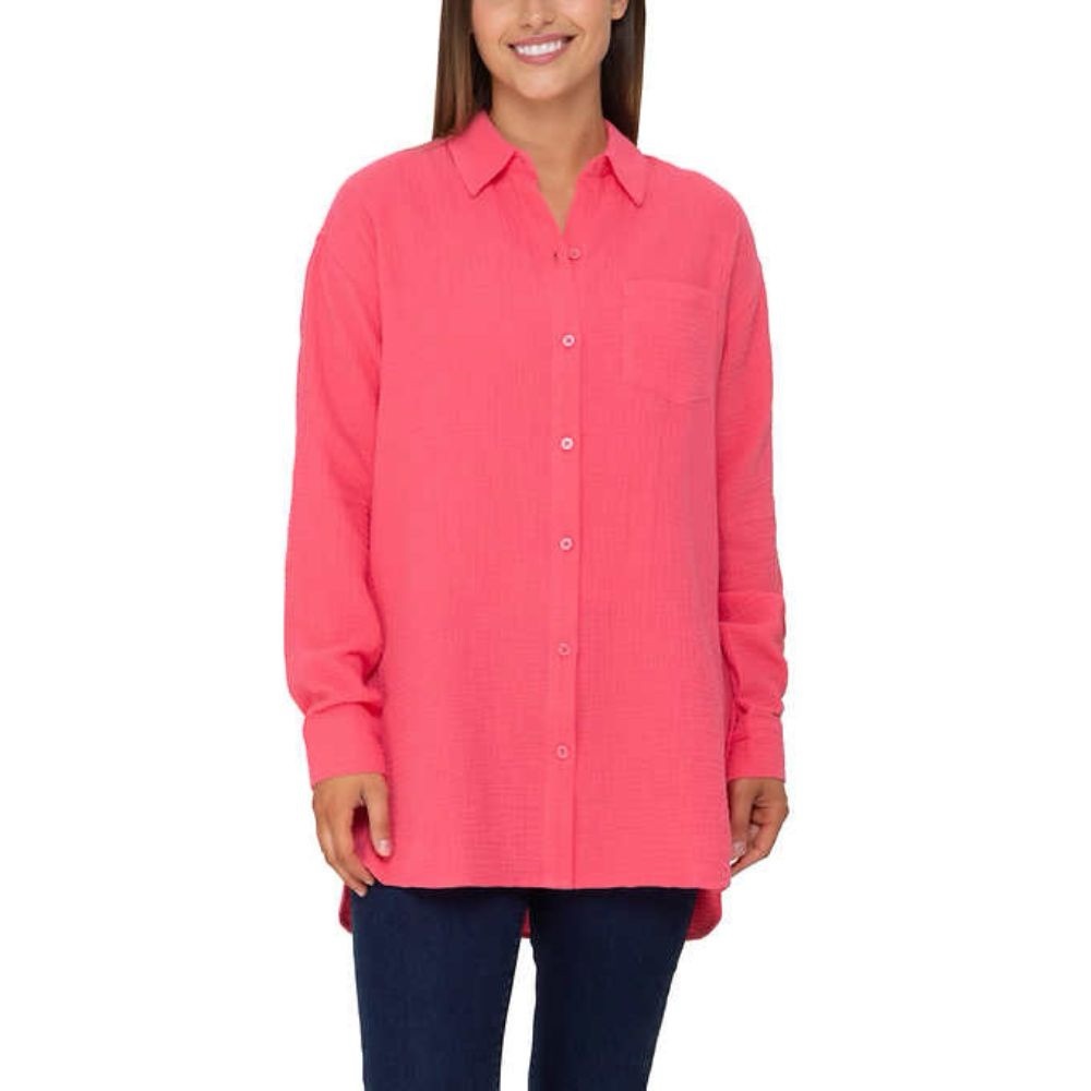 RACHEL Rachel Roy Vibrant Gauze textured Pink Button Down Shirt